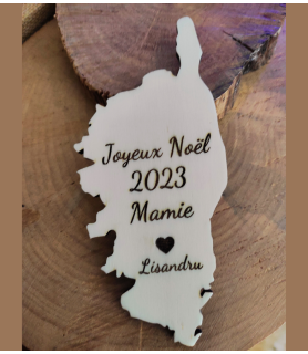 Magnet frigo, en bois peuplier forme de Corse, gravé "Joyeux noël Mamie. possible de personnaliser votre phrase