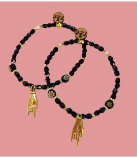 bracelet facettes de bohème noir et cornes porte bonheur acier inoxydable doré